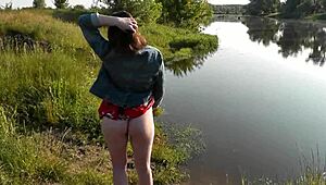 Beautiful brunette teen exposes hairy pussy outdoors in short skirt for doggystyle