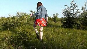 Beautiful brunette teen exposes hairy pussy outdoors in short skirt for doggystyle