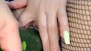 hot colombian latina milf uses cucumber in her wet pussy for close-up squirting orgasms