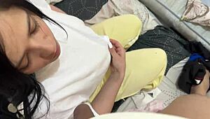 Colombian slut deepthroats and licks balls, bent over in doggystyle while cousin stays home