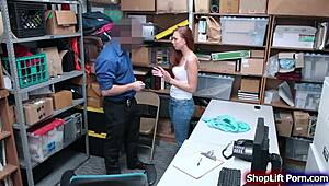 Busty shoplifter with big tits gets deepthroat and blowjob before being rammed by monster cock in the office