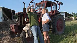valentina leaves her skirt on as she has anal sex outside by a tractor