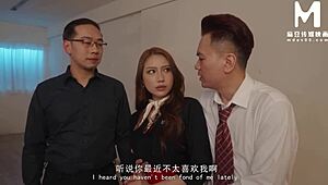 Asian stewardess in stockings gives footjob and blowjob