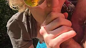 wife gives quick handjob on walk 😏 outdoors with husband