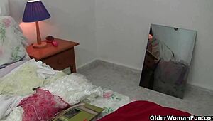 grandma isabel rips her pantyhose, showing big tits. want to see?