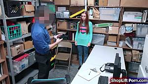 Busty shoplifter with big tits gets deepthroat and blowjob before being rammed by monster cock in the office