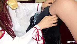 Petite Japanese cosplay girl gives first blowjob and swallows cum 😘