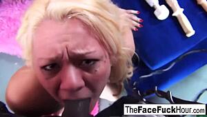 Cute Blonde Babe Endures Intense Face Fucking and Cumshot Facial from Two Cocks