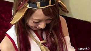 Petite Japanese cosplay girl gives first blowjob and swallows cum 😘