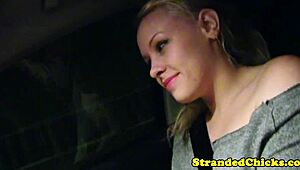Hitching blonde teen grabs driver's cock in the car, no sex involved.