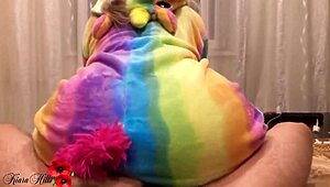 in this pov story, the cute teen blonde in kigurumi gives a sensual handjob then rides her stepbrother's monster cock