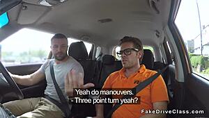 Fake driving instructor's friend meets blonde secretly.