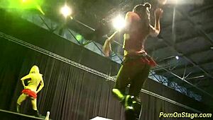 Cock sharing on public sex fair show stage