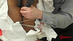 hung upside down ebony slut licks ass and cum in bdsm hospital bondage