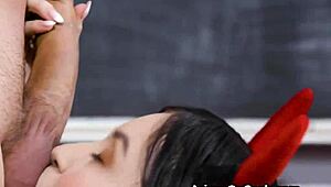 Asian spinner rides teachers cock by the chalkboard