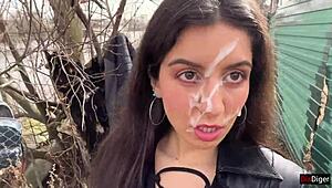 Teen 18+ girl gets cum on face and walks through park covered in sperm to shock people