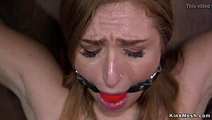 Busty slave begs for more pain as she's whipped and choked during hardcore anal fucking. Submission complete with bound tits.