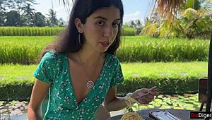 Cumwalk in public cafe while eating pasta carbonara with sperm on face