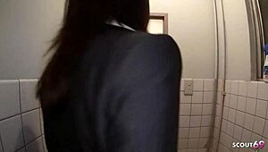 Petite Japanese secretary roleplays solo masturbation in office toilet.