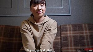 Does Japanese girl Mimi reveal naughty shaved pussy to monster cock?