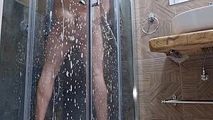 Horny and sexy guy jerks in shower with moans.