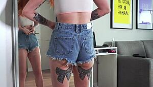 Babe in jean shorts sucks cock like a goddess