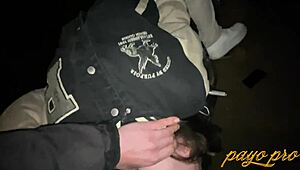 The shy girl swallows a cock outdoors with deepthroat and handjob.