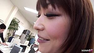 Petite Japanese secretary roleplays solo masturbation in office toilet.