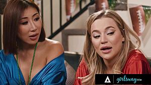 horny girls fuck rival after game loss in rough lesbian action