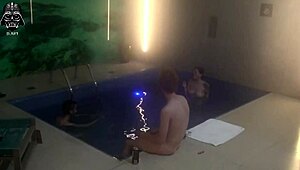 hey, check out this uncensored threesome with my wife and friends in the motel pool, flashing nipples and big cocks