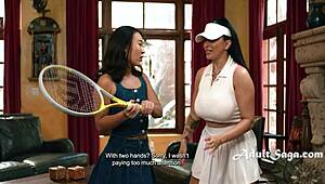 i smash stepmom's big boobs before she hits tennis balls with romi rain and kimmy kimm