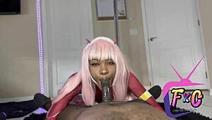 ebony cosplays zero two riding petite pussy to creampie