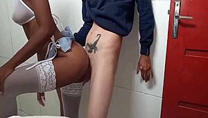 Boldly ate the schoolgirl in the bathroom, amateurs with tattoos in interracial encounter