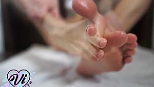 brunette shows her feet closeup