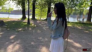 my petite friend controls my orgasms in public with vibrator