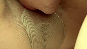 maddy gets pounded in her seamless tan pantyhose and her feet get cummed on by big cock