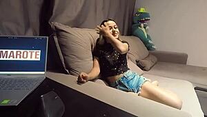 Blonde teen Irma sucks, fucks, and cums on sofa!