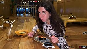 girl gets cum on face in sushi bar