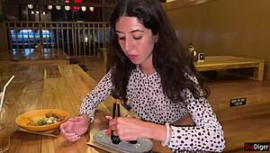 girl gets cum on face in sushi bar