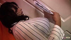 hey, watch this busty brunette catch her lesbian boss masturbating and learn a strapon lesson