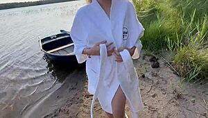 outdoor risky sex with hot blonde in fishnet