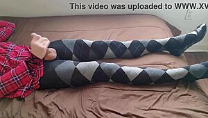 Shemale Teases with Jerking Off in Plaid Dress and Argyle Tights