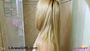 Cute petite blonde teen has relaxing shower