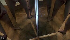 one man surrounded by six cocks in a mirror cumshot scene