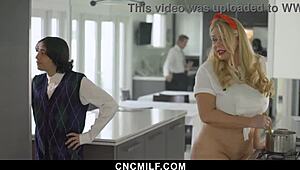 Thick Stepmom Helps Petite Stepson With Chores