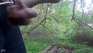 outdoor masturbation session ends with a cum shot in the trees