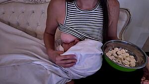stepmother breastfeeds her adult stepson with taboo lactating tits
