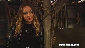 Dominant lesbian madame handles big natural slave's tits