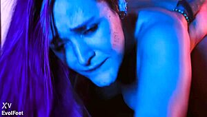 She feels intense pleasure as you lick her feet while pounding her wet pussy