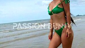 Sexy babe flashes and walks on public beach